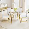 5-Piece Dining Table Set for 4, Round Glass Dining Table Set for 4, Tempered Glass Table Top&4 Chairs with Faux Leather Padded Seat High Back and Sturdy Electroplated Gold Legs. view 2