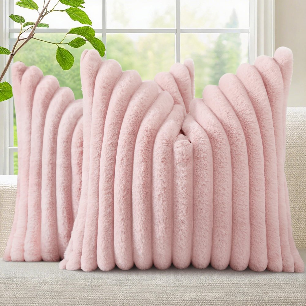 decorUhome Cozy Faux Fur Throw Pillow Covers 22x22 Set of 2 Decorative Soft Plush Striped Modern Farmhouse Boho Couch Euro Sham Pillow Cases with Velvet Back for Sofa Bed Living Room Valentines, Pink