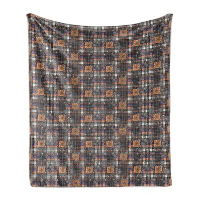 Ambesonne Halloween Throw Blanket, Spooky Cartoon Spider Webs on Autumnal Tones Buffalo Plaid Gothic, Flannel Fleece Accent Piece Soft Couch Cover for Adults, 50" x 70", Marigold Purple Dark Grey