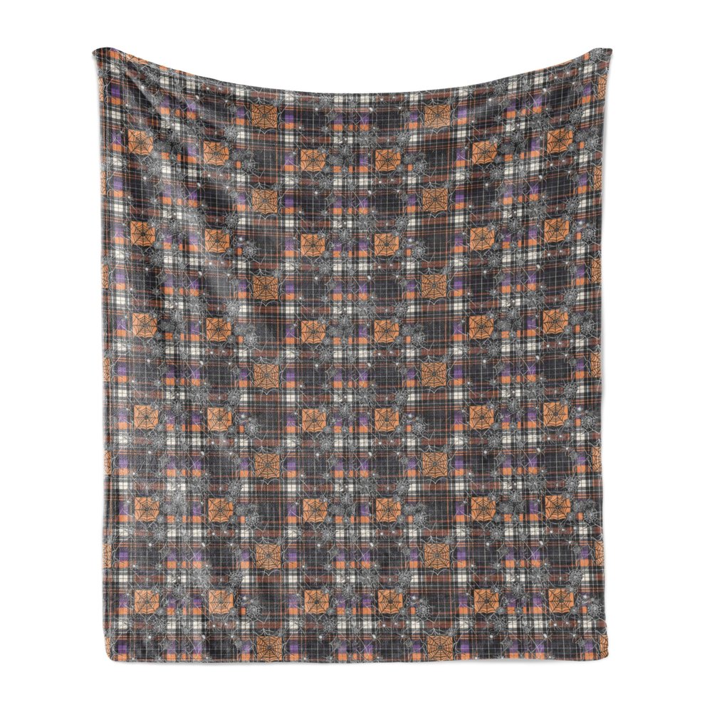 Ambesonne Halloween Throw Blanket, Spooky Cartoon Spider Webs on Autumnal Tones Buffalo Plaid Gothic, Flannel Fleece Accent Piece Soft Couch Cover for Adults, 50" x 70", Marigold Purple Dark Grey