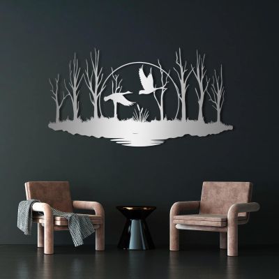 Aportif Wildlife Ducks Metal Wall Decor, Tree Decorations, Wildlife Metal Wall Art, Nature Artwork, Landscape Art, Living Room Decor (Silver, 19 x 10 in / 47 x 26cm)
