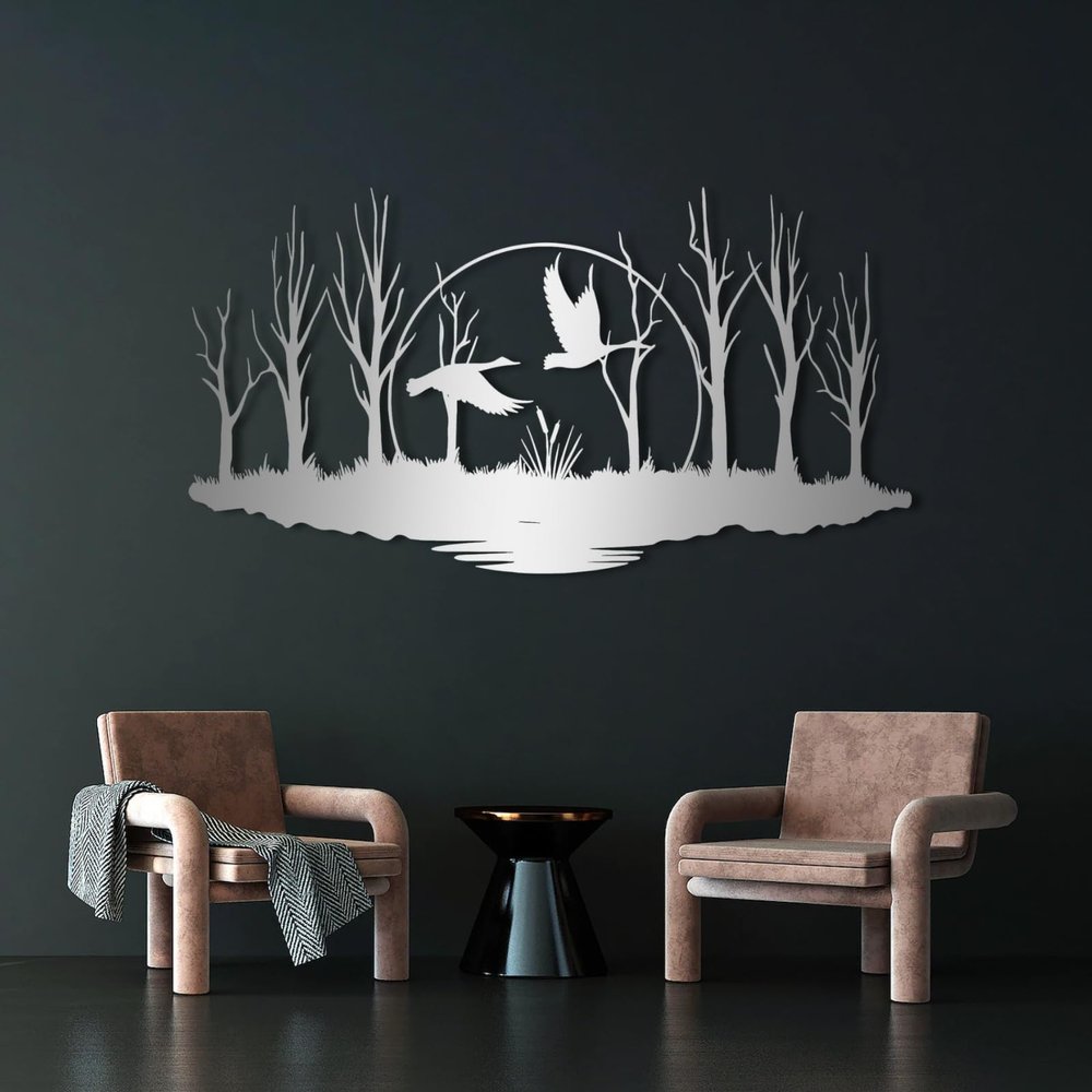 Aportif Wildlife Ducks Metal Wall Decor, Tree Decorations, Wildlife Metal Wall Art, Nature Artwork, Landscape Art, Living Room Decor (Silver, 19 x 10 in / 47 x 26cm)