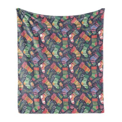 Ambesonne Christmas Throw Blanket, Colorful Xmas Stockings with Stars Pine Tree Leaves and Present Boxes, Flannel Fleece Accent Piece Soft Couch Cover for Adults, 50" x 70", Mustard and Multicolor