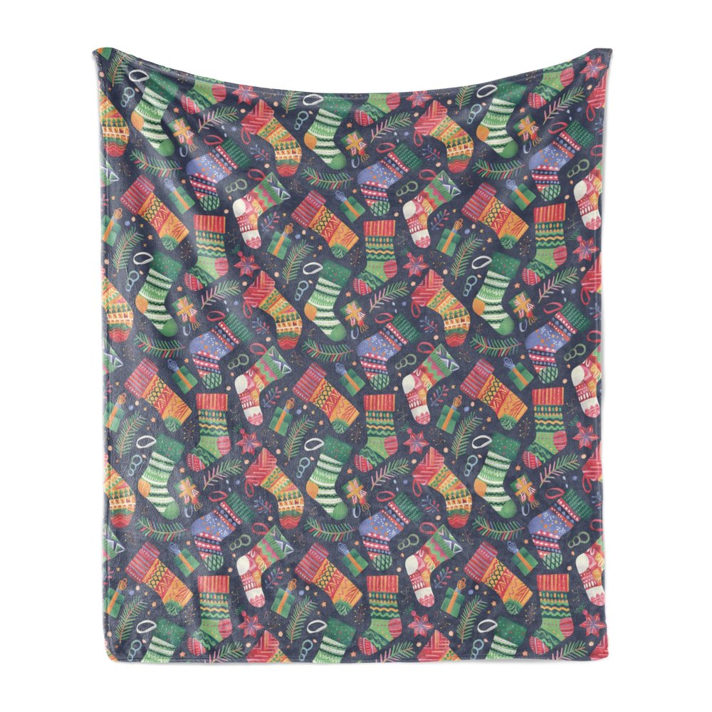 Ambesonne Christmas Throw Blanket, Colorful Xmas Stockings with Stars Pine Tree Leaves and Present Boxes, Flannel Fleece Accent Piece Soft Couch Cover for Adults, 50" x 70", Mustard and Multicolor