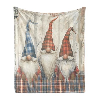 Ambesonne Christmas Throw Blanket, Gnomes with Plaid Hats Print Whimsical Xmas Elves Santa's Helpers, Flannel Fleece Accent Piece Soft Couch Cover for Adults, 50" x 60", Blue Brown Burnt Sienna
