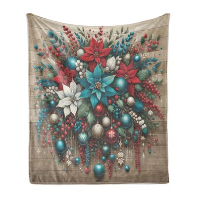 Ambesonne Christmas Throw Blanket, Xmas Ornate on Wooden Planks with Poinsettia Flowers and Globes, Flannel Fleece Accent Piece Soft Couch Cover for Adults, 50" x 70", Dark Turquoise Ruby Sepia