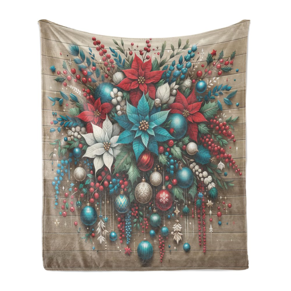 Ambesonne Christmas Throw Blanket, Xmas Ornate on Wooden Planks with Poinsettia Flowers and Globes, Flannel Fleece Accent Piece Soft Couch Cover for Adults, 50" x 70", Dark Turquoise Ruby Sepia