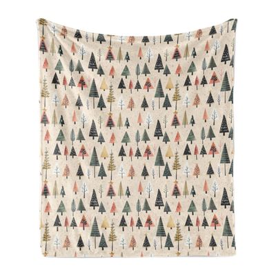 Ambesonne Christmas Throw Blanket, Modern Abstract Pine Trees Xmas Theme Dotted Background Print, Flannel Fleece Accent Piece Soft Couch Cover for Adults, 50" x 70", Beige Forest Green and Coral