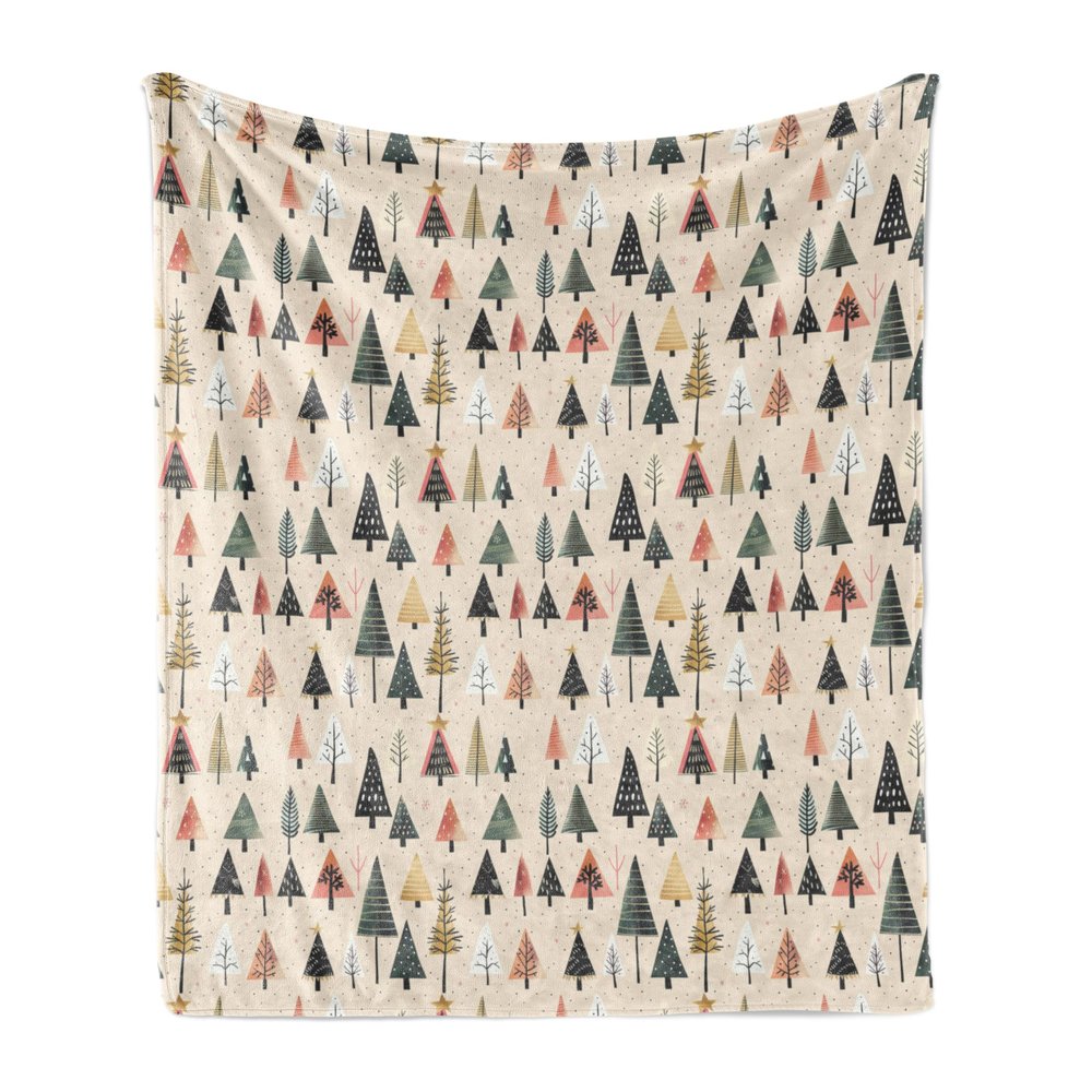 Ambesonne Christmas Throw Blanket, Modern Abstract Pine Trees Xmas Theme Dotted Background Print, Flannel Fleece Accent Piece Soft Couch Cover for Adults, 50" x 70", Beige Forest Green and Coral