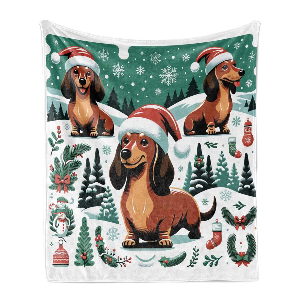 Lunarable Christmas Throw Blanket, Holiday Cartoon with Dachshund Dogs with Santa Hats Trees Snowflakes, Flannel Fleece Accent Piece Soft Couch Cover for Adults, 50" x 60", Jade Green and Redwood