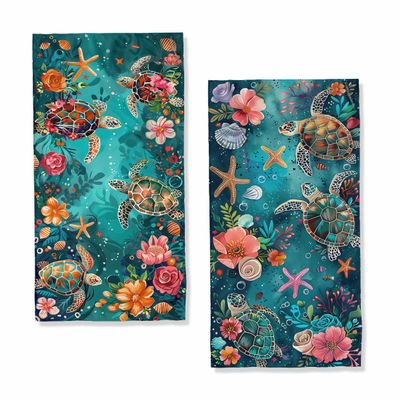 LXCSBD Sea Turtle Starfish Bath Hand Towels Absorbent Coral Floral Turquoise Decorative Hand Towels for Bathroom Kitchen Home Spa Hotel Yoga,Bathroom Decor Accessories Gifts for Women Man 14"x28"
