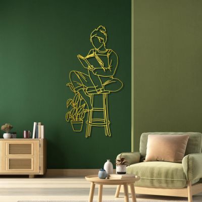 Metal Wall Art, Girl Reading Book Metal Wall Art, Girly Wall Art, Metal Line Art Wall Decor, Reading Wall Art, Maximalist Wall Decor, Wall Decor for Bedroom, Wall Decor Living Room (Gold, 59 x 30 in / 150 x 77cm)