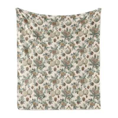Ambesonne Christmas Throw Blanket, Vintage Merry Xmas with Pine Cones Globes and Pine Leaves Illustration, Flannel Fleece Accent Piece Soft Couch Cover for Adults, 50" x 70", Brown Green and Blue