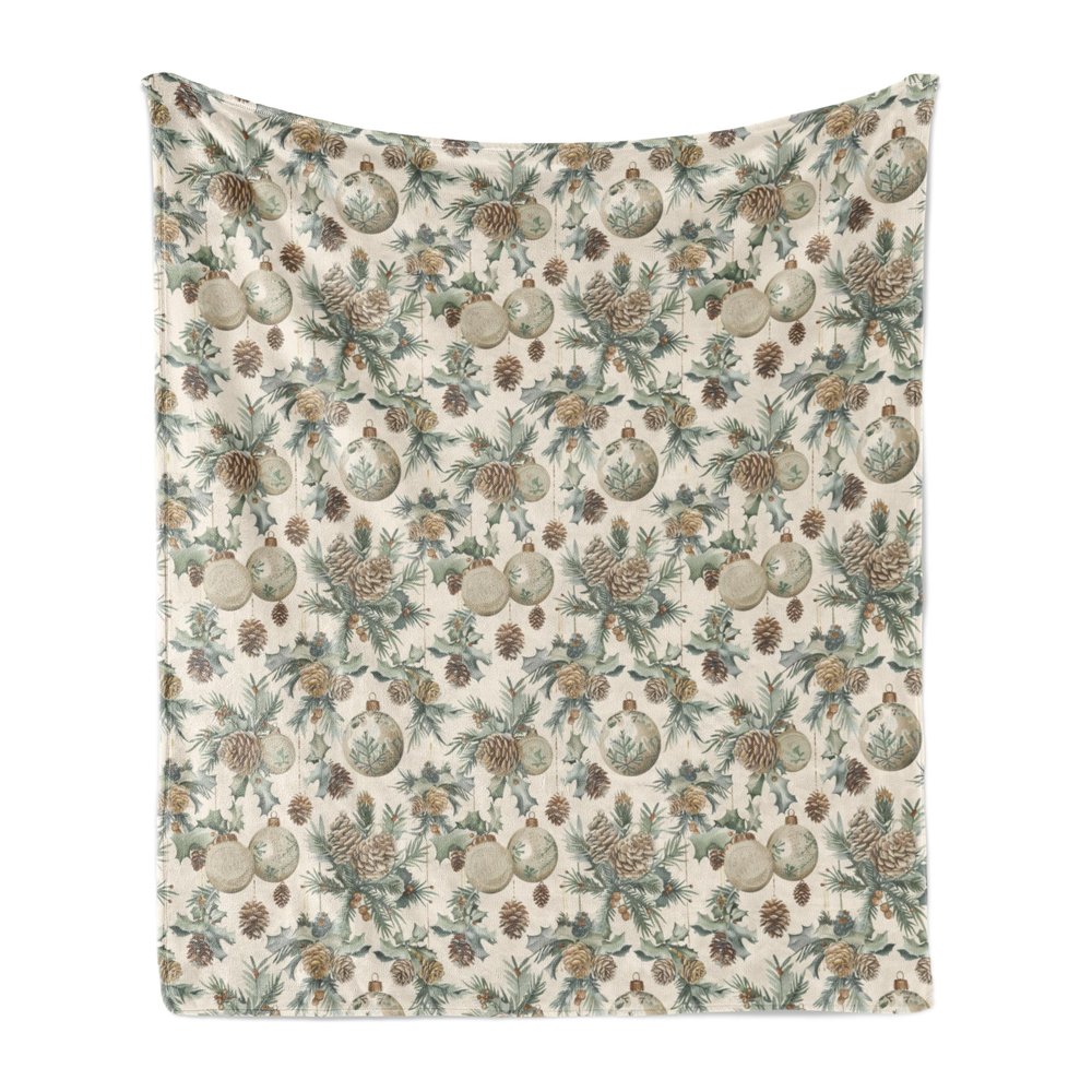 Ambesonne Christmas Throw Blanket, Vintage Merry Xmas with Pine Cones Globes and Pine Leaves Illustration, Flannel Fleece Accent Piece Soft Couch Cover for Adults, 50" x 70", Brown Green and Blue