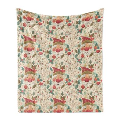 Ambesonne Christmas Throw Blanket, Santa Claus and Traditional Xmas Leaves Vintage Illustration Print, Flannel Fleece Accent Piece Soft Couch Cover for Adults, 50" x 70", Beige Ruby and Green