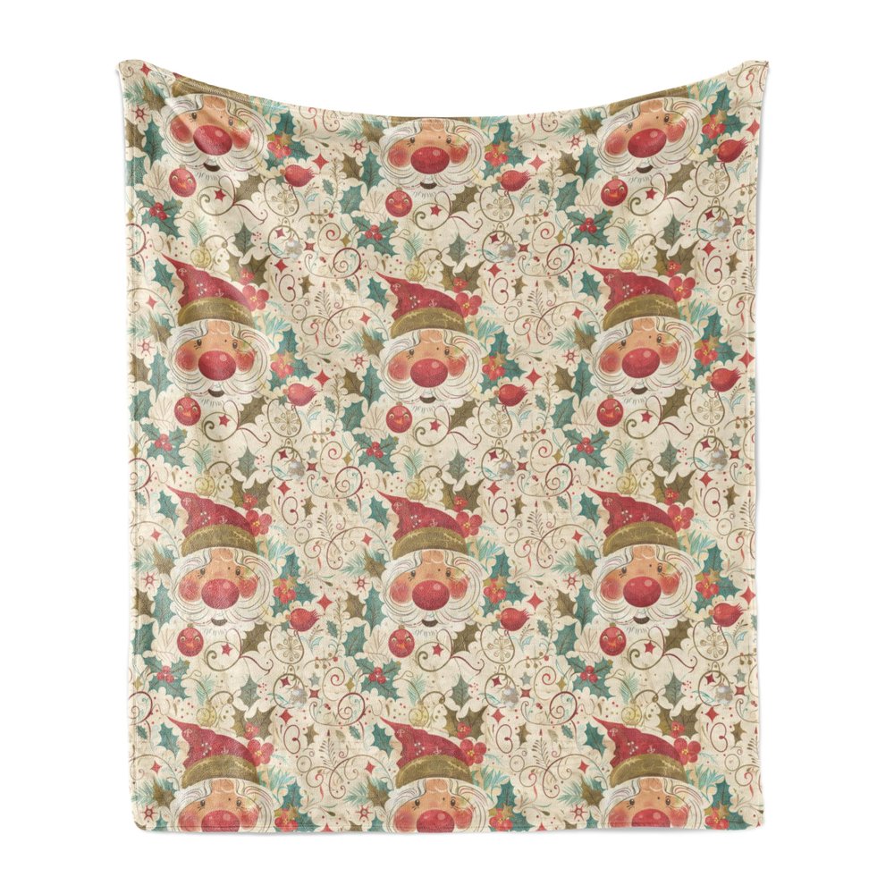Ambesonne Christmas Throw Blanket, Santa Claus and Traditional Xmas Leaves Vintage Illustration Print, Flannel Fleece Accent Piece Soft Couch Cover for Adults, 50" x 70", Beige Ruby and Green