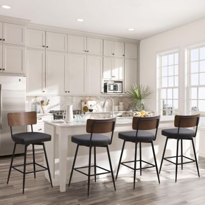 Bekrvio Swivel Bar Stools Set of 4, Upholstered Faux Leather Barstools with Wood Backs and Metal Legs, 29" Seat Height Counter Bar Stool for Kitchen Island, Black