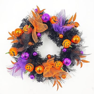 NNXHWY Halloween Wreaths for Front Door,19.7 Inch Black Spooky Wreath,Day of The Dead Door Wreath,Pumpkin Face Wreath,Halloween Wreath Door Hanging Wreath for Halloween Home