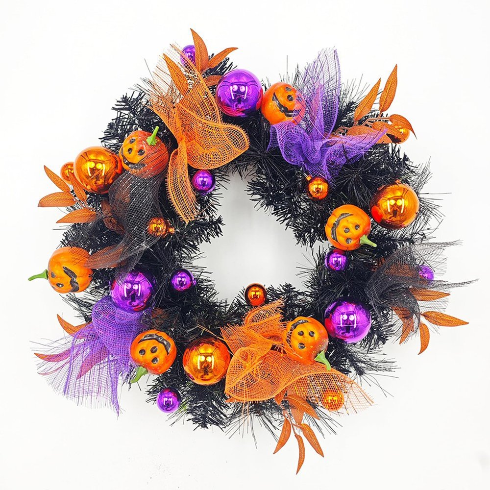NNXHWY Halloween Wreaths for Front Door,19.7 Inch Black Spooky Wreath,Day of The Dead Door Wreath,Pumpkin Face Wreath,Halloween Wreath Door Hanging Wreath for Halloween Home