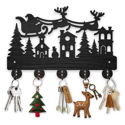 MAYJOYDIY Christmas Sleigh Key Hook Forest Elk Santa Claus Key Hangers for Wall 11.87.9inch 5 Alloy Hooks Decorative Gifts Entryway Kitchen Bathroom Storage