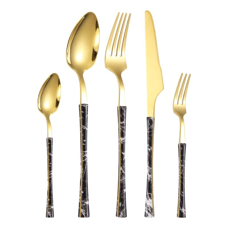 IFAJOOR Flatware Silverware Set, 5/20/30/40 Pieces Imitation Marble Stainless Steel Steak Knife, Fork And Spoon Dessert Spoon Set Small Waist Tableware, Tableware Cutlery Set(5 Pieces for 1)