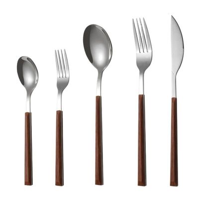 IFAJOOR Flatware Silverware Set, 5/20/30/40pcs Imitation Wood Handle Stainless Steel Cutlery Set Steak Knife And Fork Portuguese Spoon Fork, Tableware Cutlery Set(Brown,40 Pieces for 8)
