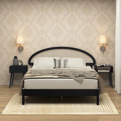 NTC Gem Wooden Bed Frame with Headboard and Natural Rattan, Solid Oak Foundation with Silent Slats, 1000 Lb Capacity, Effortless Assembly, Queen - Burnt Black