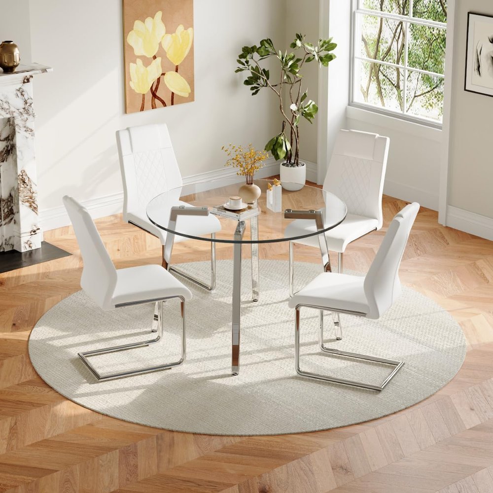 gopop 5-Piece Dining Table Set for 4, Round Glass Dining Table Set for 4, Tempered Glass Table Top&4 Chairs with Faux Leather Padded Seat High Back and Sturdy Chrome Legs.