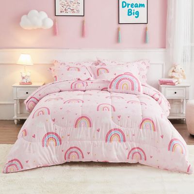 Mooreeke Bed in a Bag for Kids Girls Teens, 6 Pieces Twin Size Comforter Bed Set with Shams, Sheet Set and Decorative Toy Pillow, Rainbow Pink Super Soft Microfiber Kids Comforter Bedding Set