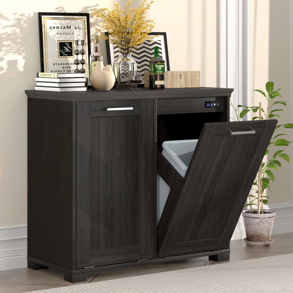 YGIPT Wooden Tilt Out Trash Cabinet,Hidden Trash Can Cabinet 20 Gallon Double Garbage Cabinet for Kitchen,Living Room&Bathroom Pure Espresso Finish