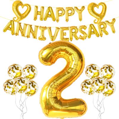 Gold Happy Anniversary Balloons Letters - 18 Inch with Giant Gold Number 2 Balloon - 40 Inch | 2 Balloon Number for Gold Happy Anniversary Banner | Happy Anniversary Decorations