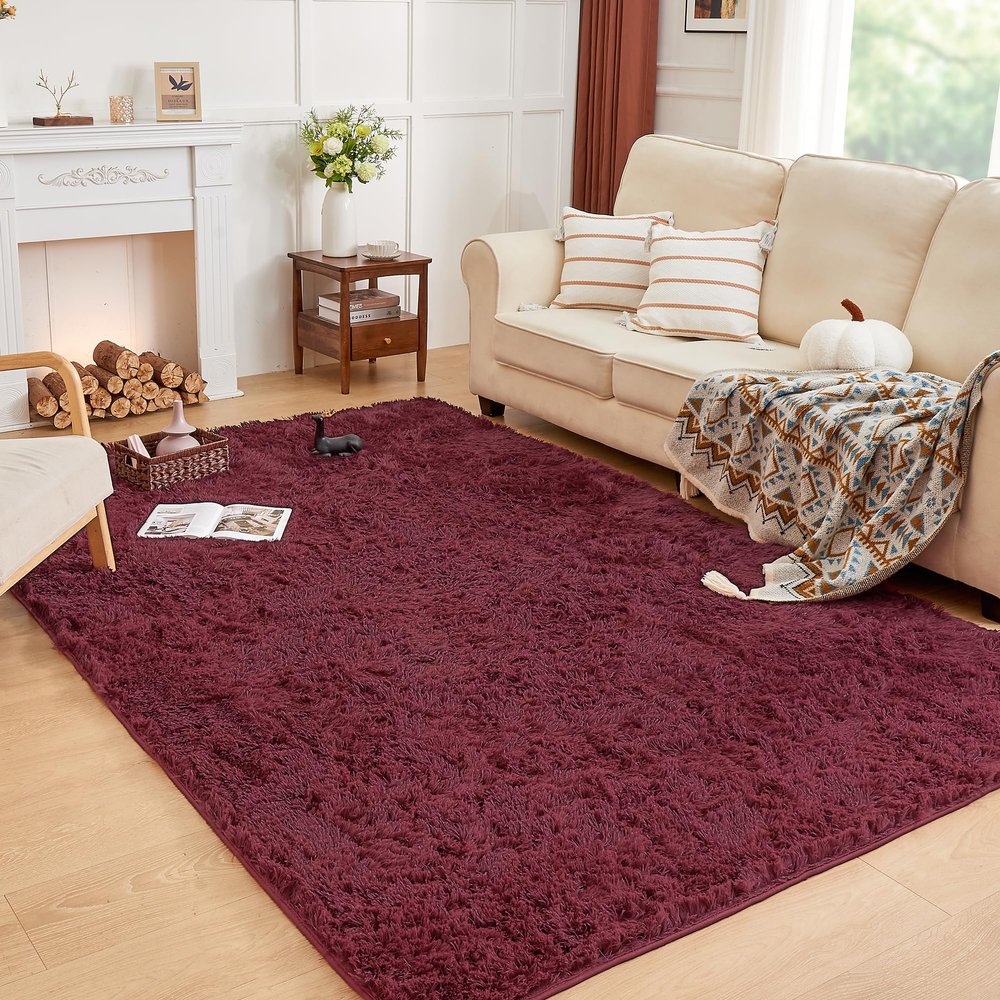 Andency 6x9 Area Rugs Burgundy,Large Shag Fluffy Soft Shaggy Rugs for Living Room Bedroom, Non-Slip Thick Plush Carpet for Kids Girls and Boys, Dorm Nursery Home Decor Aesthetic