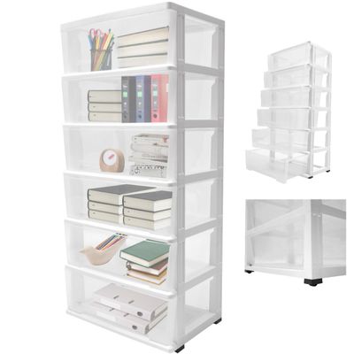 6 Layer Clear Plastic Drawer w/Wheels, Storage Cart Plastic 6 Drawer Plastic Organizer with Drawers Stackable Storage Drawers for Office Closet, 19.7 * 13 * 43in (White)