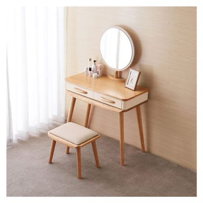 YOUQUEEN Dressing Table Vanity Desk with 2 Drawers, 1 Mirror, 1 Vanity Stool, Girls Desk Dresser Women's Bedroom Bathroom Small Space Dressing Table with Mirror