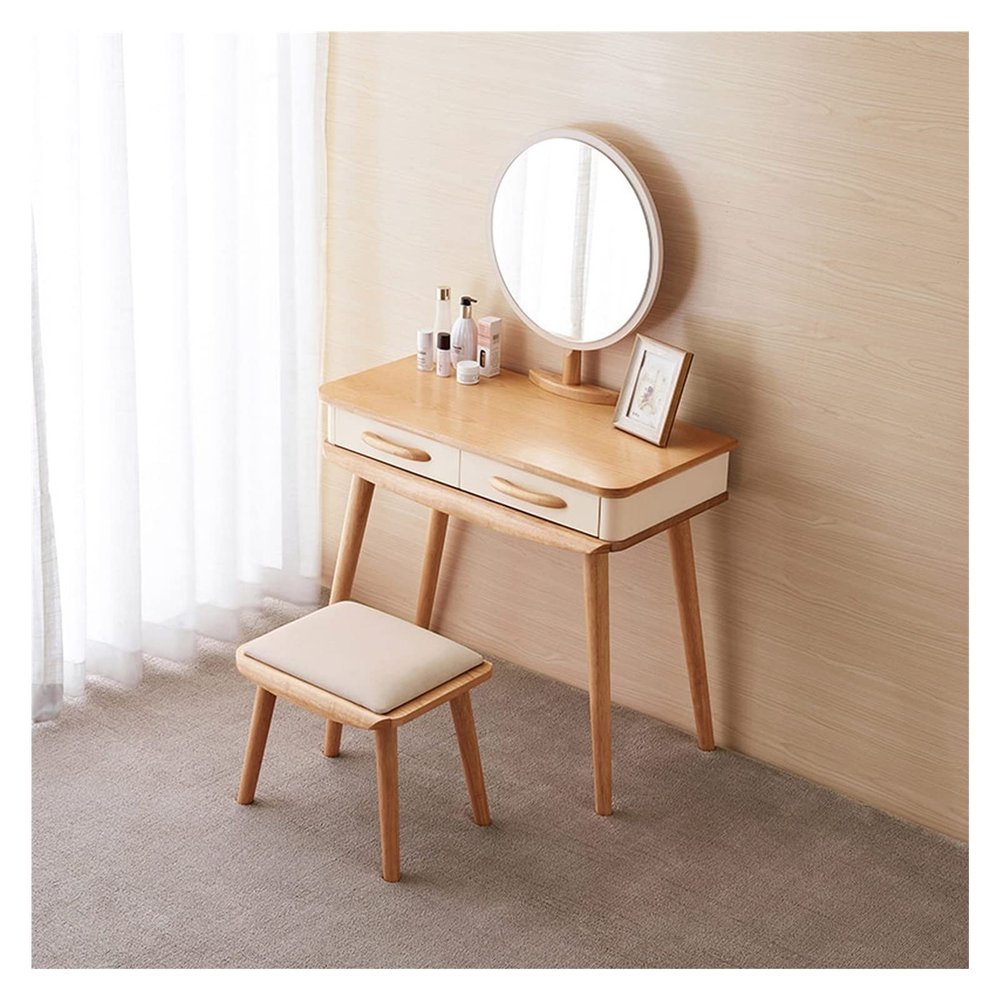 YOUQUEEN Dressing Table Vanity Desk with 2 Drawers, 1 Mirror, 1 Vanity Stool, Girls Desk Dresser Women's Bedroom Bathroom Small Space Dressing Table with Mirror