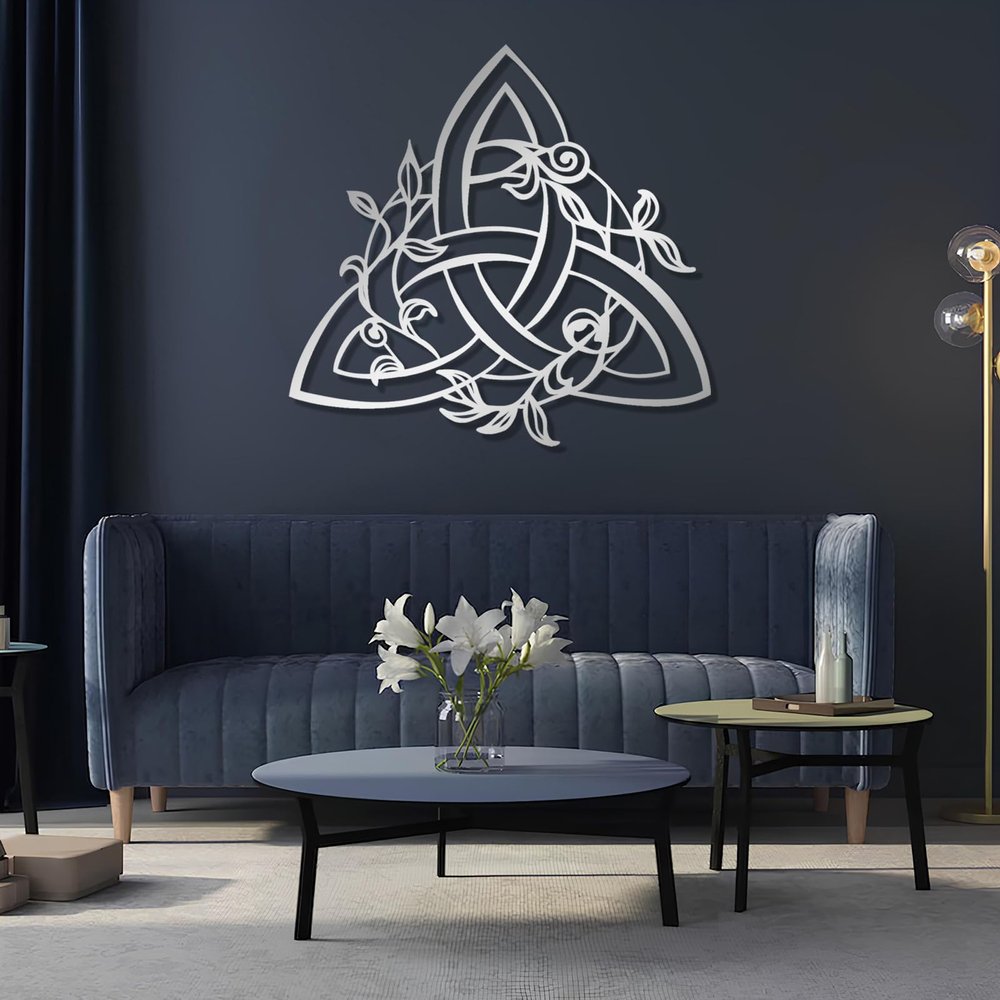 Celtic Trinity Knot Metal Wall Decor, Tree in Leaf Wall Art, Metal Wall Art, Floral Celtic, Celtic Knot Wall Hangings, Housewarming Gift, Metal Wall Decor for Living Room (Silver, 18"x19"|45x47cm)