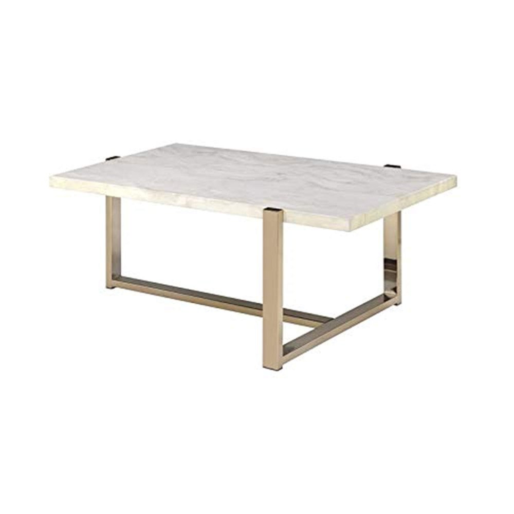 Yardlio Feit Coffee Table Faux Marble & Champagne - Occasional Table, Metal Base, Faux Marble Top - 43.25" L x 26" W x 18" H