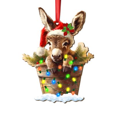 34HD Wooden Donkey Christmas Ornament  Funny Holiday Farm Animal Tree Hanging Decor, Rustic Cute Donkey Wearing Santa Hat with Lights, Festive Winter Decoration Gift for Animal Lovers