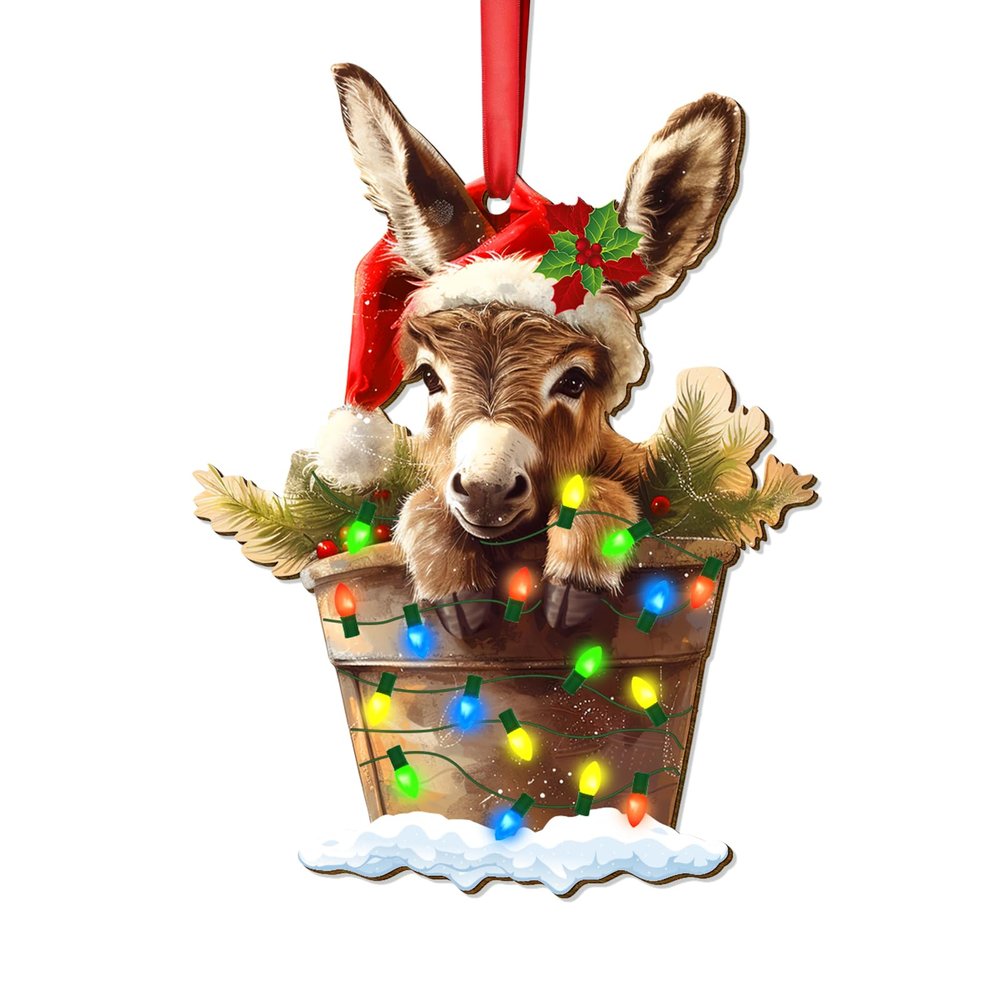 34HD Wooden Donkey Christmas Ornament  Funny Holiday Farm Animal Tree Hanging Decor, Rustic Cute Donkey Wearing Santa Hat with Lights, Festive Winter Decoration Gift for Animal Lovers