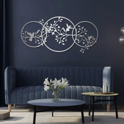Aportif Bird on the Branch Metal Wall Decor, Metal Bird Silhouette Tree Art, Branch Decorations, Birds Lover Gift, Living Room Decor (Silver, 30x14in | 76x36cm)