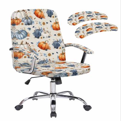Fall Office Chair Cover Stretch Computer Chair Cover Spandex Desk Rotating Boss Chair Slipcover Thanksgiving Flowers Leaf Orange Blue Pumpkin Light Beige Chair Protector with Armrest Cover, Medium