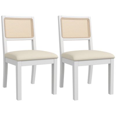 Westice Rattan Dining Chairs Set of 2, Farmhouse Natural Dining Room Chairs with Upholstered Cushion, Wood Armless Chairs for Kitchen/Restaurant, White