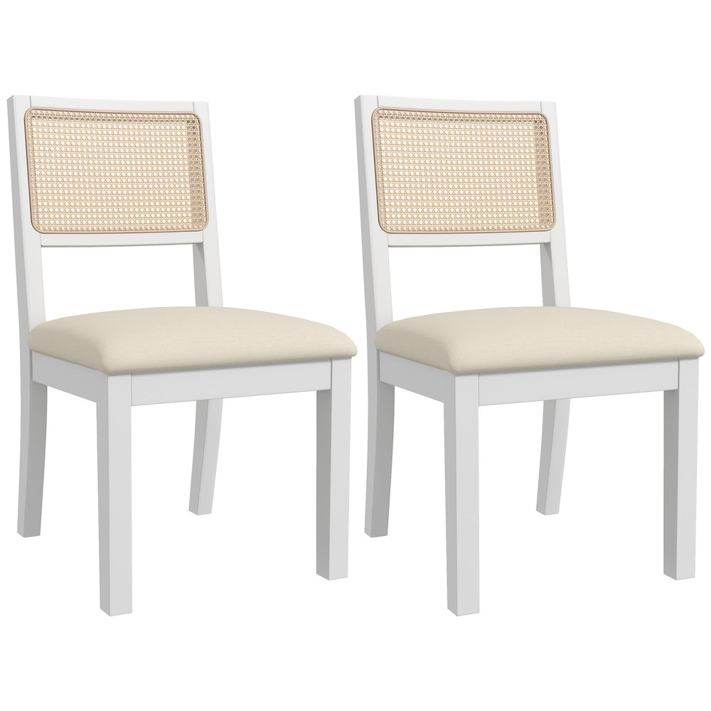 Westice Rattan Dining Chairs Set of 2, Farmhouse Natural Dining Room Chairs with Upholstered Cushion, Wood Armless Chairs for Kitchen/Restaurant, White