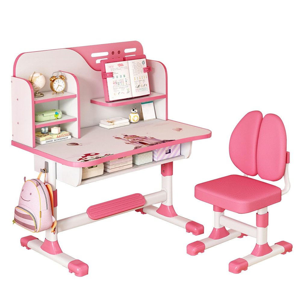 ehozirta Kids Study Desk Chair Set,Height Adjustable Set School Study Table for Kids,Desk with Chair Gift, Children Desk with Large Writing Board, Bookshelf and Drawer Pink