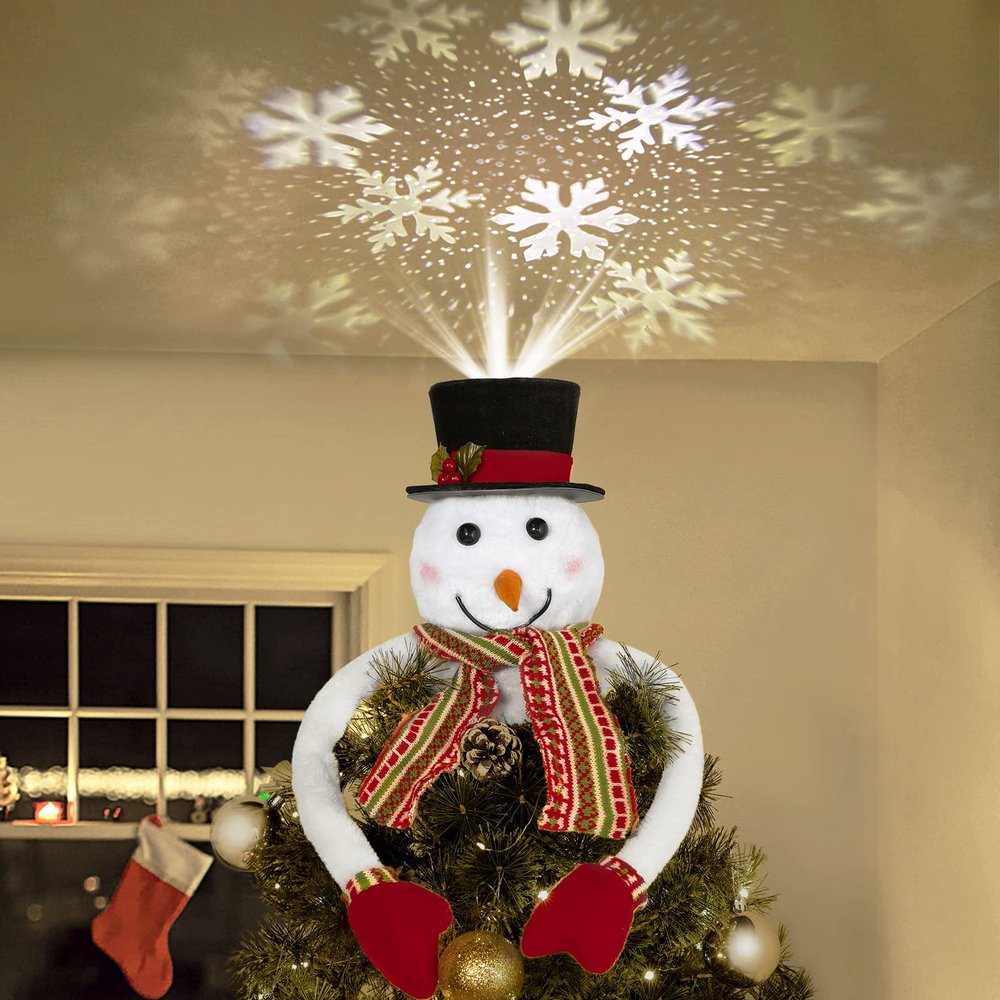 Lewondr Christmas Tree Topper Hat Projector, Snowman Hat Tree Topper with Snowflake Projector Light, Decorative Elf Hat Tree Topper for Xmas Tree New Year Holiday Party Winter Home Decoration, White