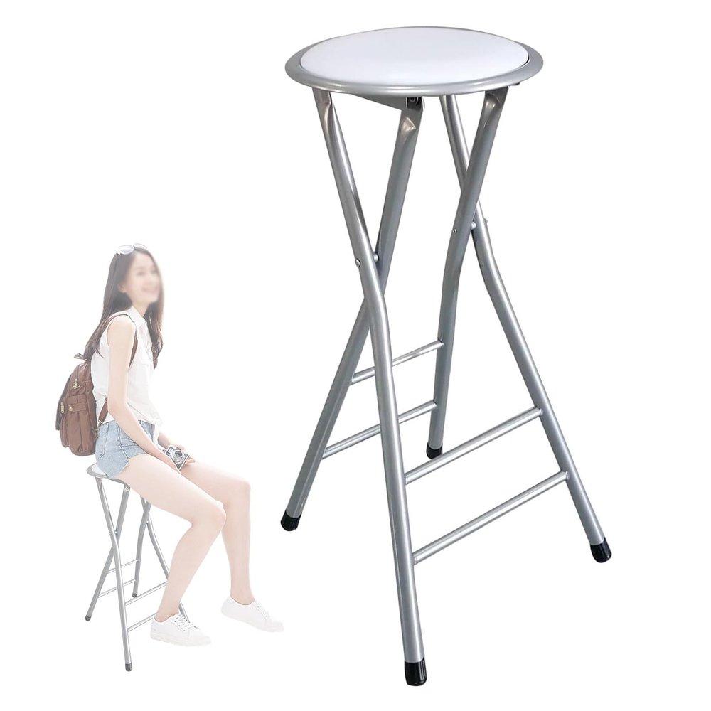 24/28inch Outdoor Folding Bar Stool, Portable Kitchen Breakfast High Chair, Counter Height Foldable Round Padded Seat for Adults(White,24inch/60cm)