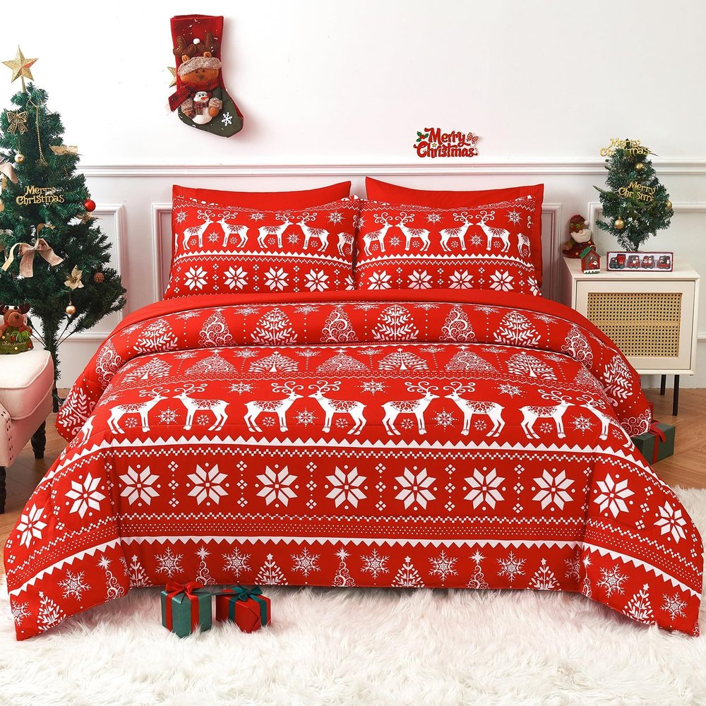 YIYEA Christmas Comforter Set, 7 Pieces Bed in a Bag, Christmas Bedding Sets with Comforter, Flat Sheet, Fitted Sheet, 2 Embroidered Pillowcases, and 2 Printed Pillowcases, King