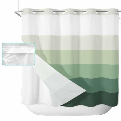 No Hook Cloth Fabric Shower Curtain with Snap in Liner, Modern Simple Stripes Waterproof Shower Curtains Set with See Through Top Window, Country Gradient Green Bath Curtains Shower 72"x78"