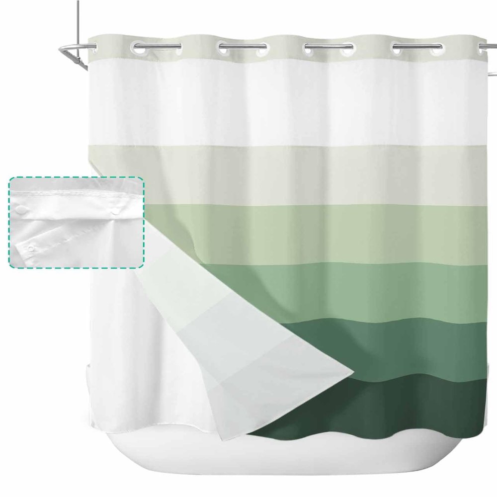 No Hook Cloth Fabric Shower Curtain with Snap in Liner, Modern Simple Stripes Waterproof Shower Curtains Set with See Through Top Window, Country Gradient Green Bath Curtains Shower 72"x78"