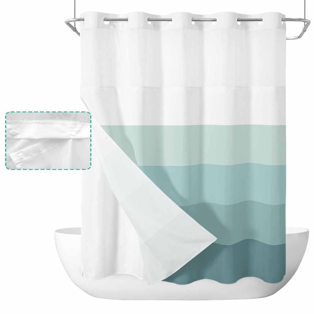 No Hook Cloth Fabric Shower Curtain with Snap in Liner, Simple Stripe Waterproof Shower Curtains Set with See Through Top Window, Teal Green Gradient Stripes Textured Bath Curtains Shower 36"x78"